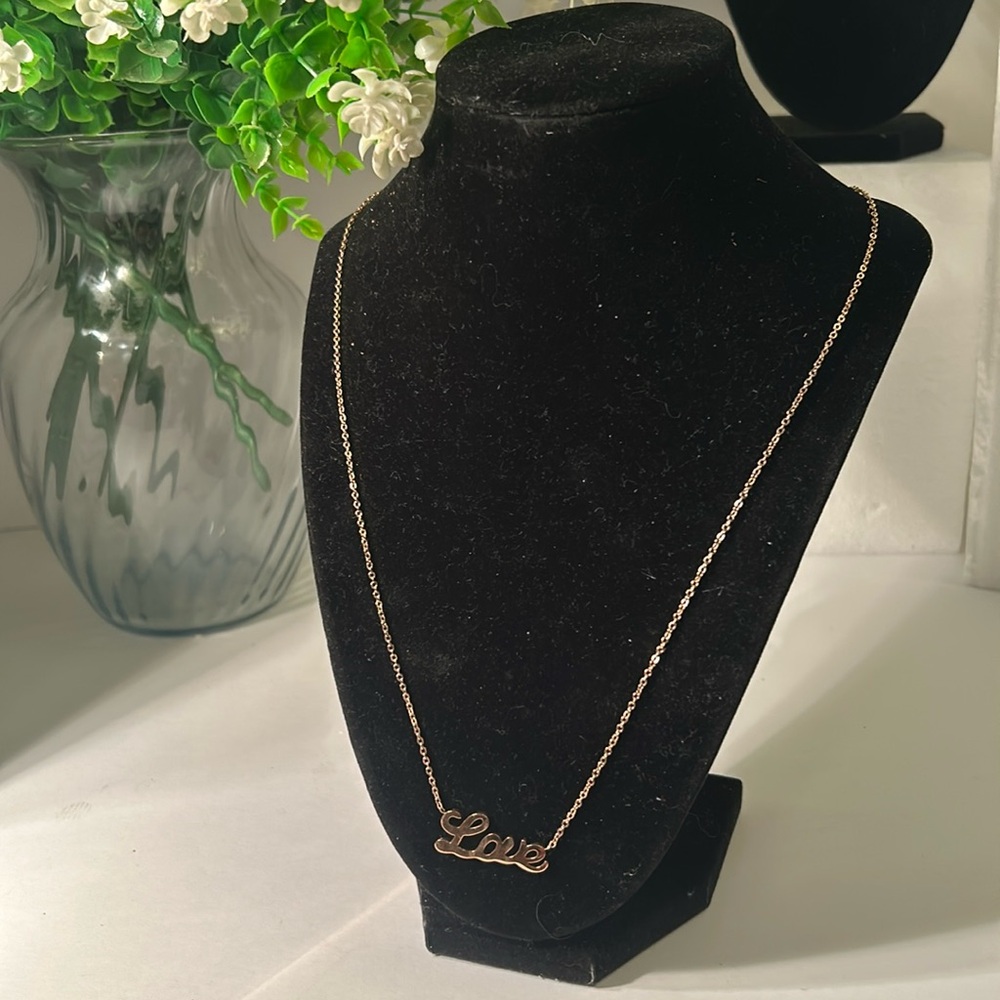 Long stainless steel rose gold tone “Love” necklace w/ lobster clasp & ext